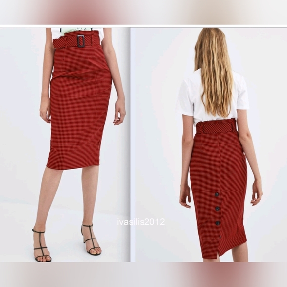 Zara Red Checkered Pencil Skirt Belted Medium Pinup Holiday Mod Medium Corporate - Picture 2 of 7